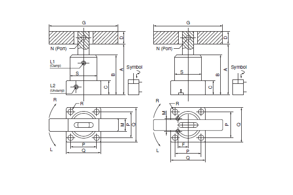 1045-NHSD | Hydraulischer Schwenkspanner, technische Zeichnung