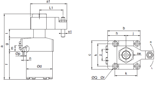 1051-VS | Hydraulischer Schwenkspanner, technische Zeichnung