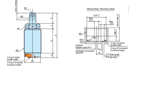 1055-CMD | Hydraulischer Einschraubzylinder, technische Zeichnung